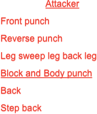 Attacker
Front punch
Reverse punch
Leg sweep leg back leg
Block and Body punch
Back
Step back