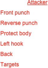 Attacker
Front punch
Reverse punch
Protect body
Left hook
Back
Targets